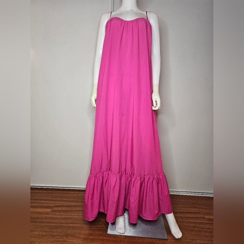 Womens Hot Pink Maxi Sundress With Tie Back Opening And Ruffle Hem